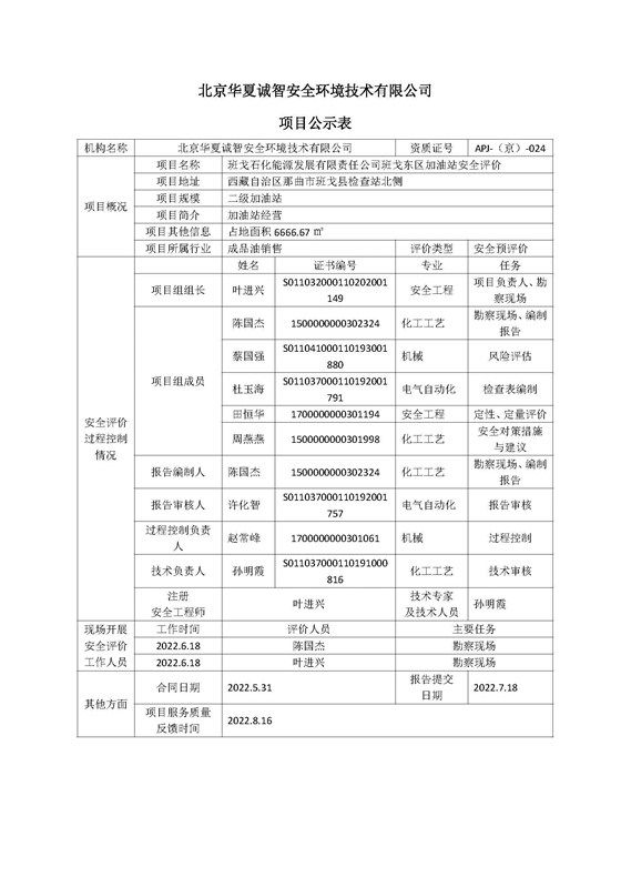 1.北京华夏项目公示-班戈石化能源发展有限责任公司班戈东区加油站安全评价报告